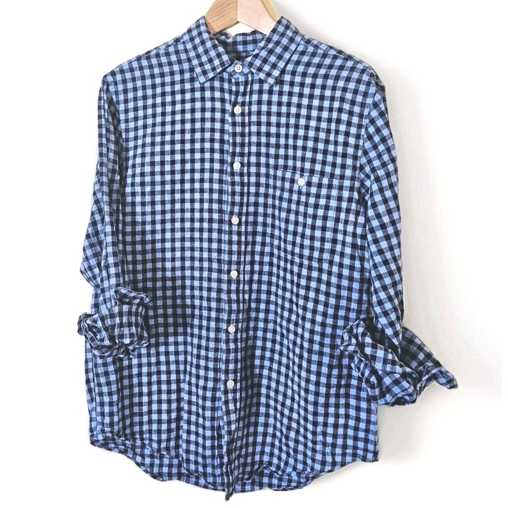 Merona M Blue & Black Gingham Linen Cotton Blend Flannel Shirt Button Down Shirt